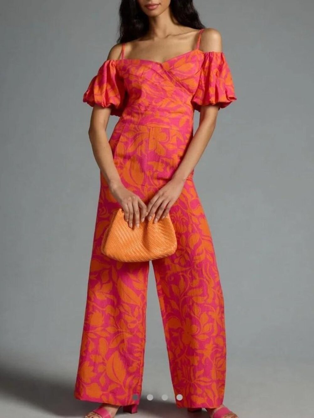 Ranna Gill Orange Pink Floral Off Shoulder Wide Leg Jumpsuit